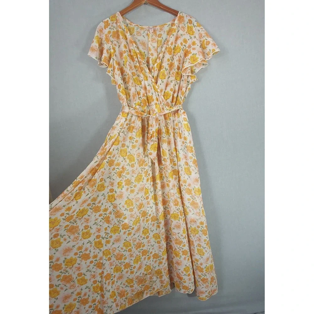 Womens 2X Floral Midi Dress Cottagecore Prairie Romantic Faux Wrap Tie Belt - Picture 1 of 11